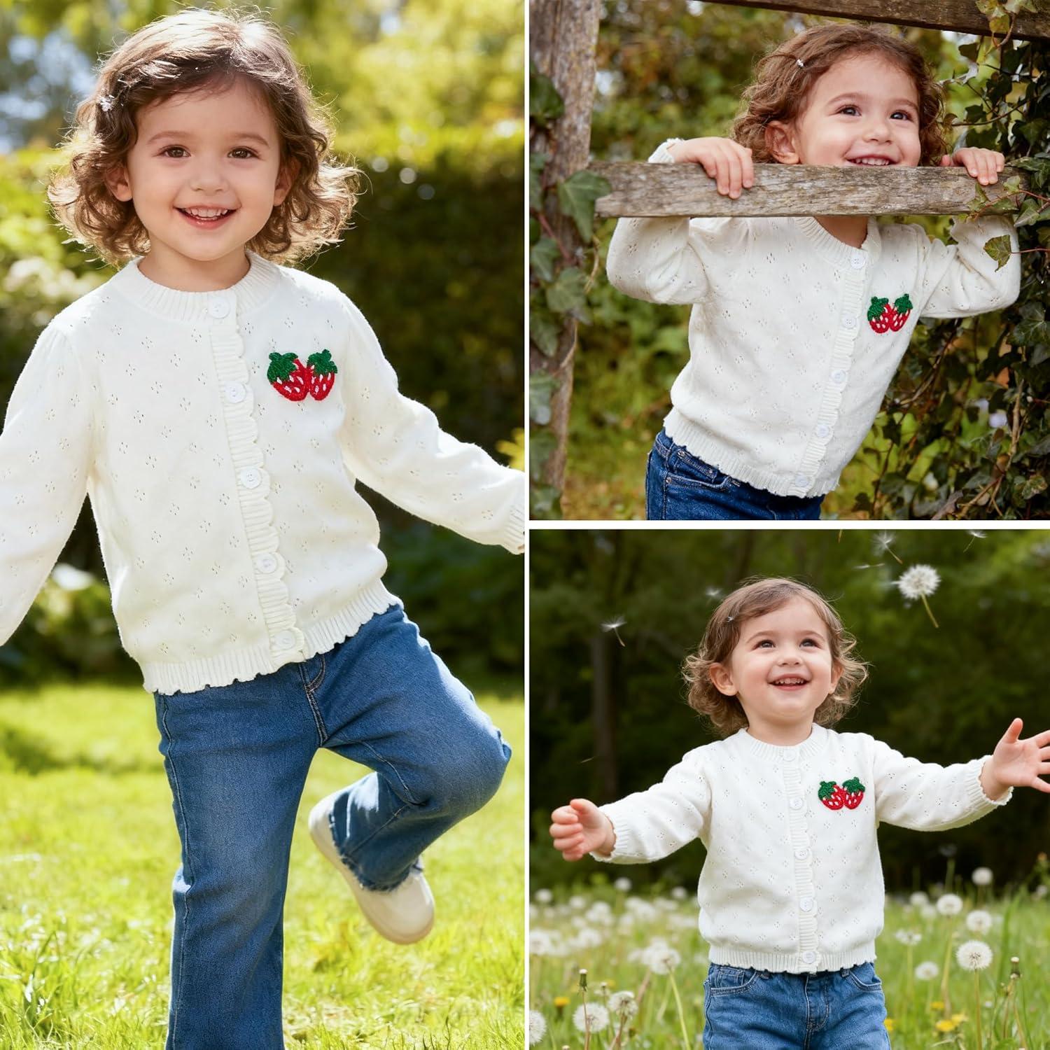 imageSimplee kids Baby Girl Knit Cardigan Sweater Cream Cotton Autumn CoatAwhite Strawberry