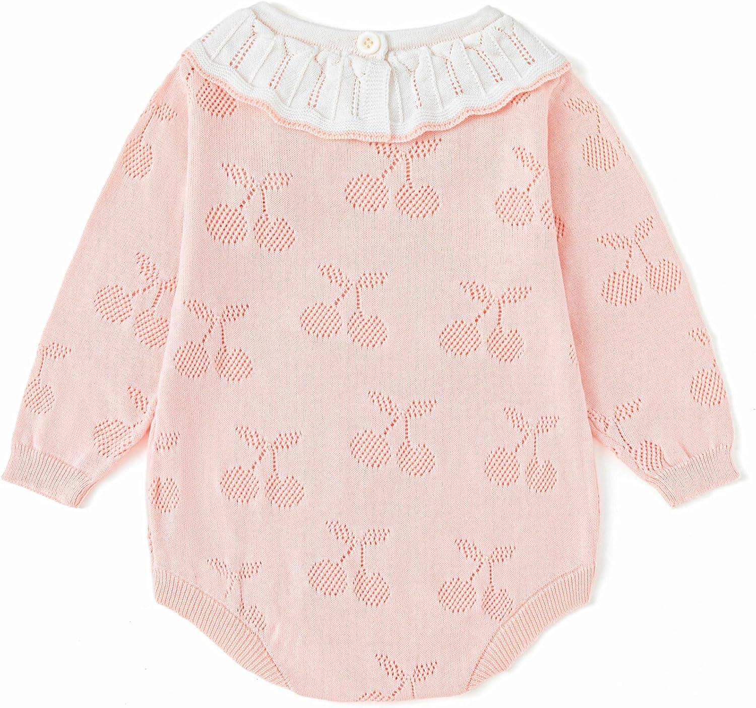 imageSimplee kids Baby Girl Outfits Baby Girls Knit Romper Long Sleeve Romper Cherry Print Romper Outfit for Fall SpringPink