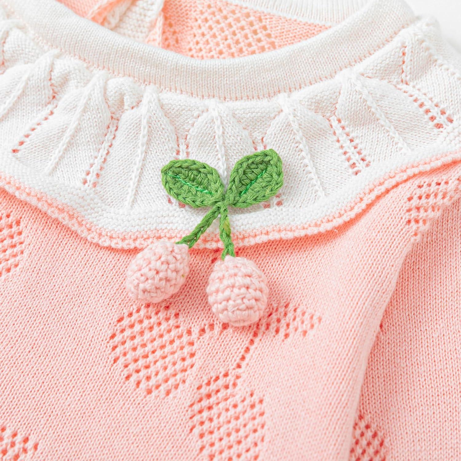 imageSimplee kids Baby Girl Outfits Baby Girls Knit Romper Long Sleeve Romper Cherry Print Romper Outfit for Fall SpringPink