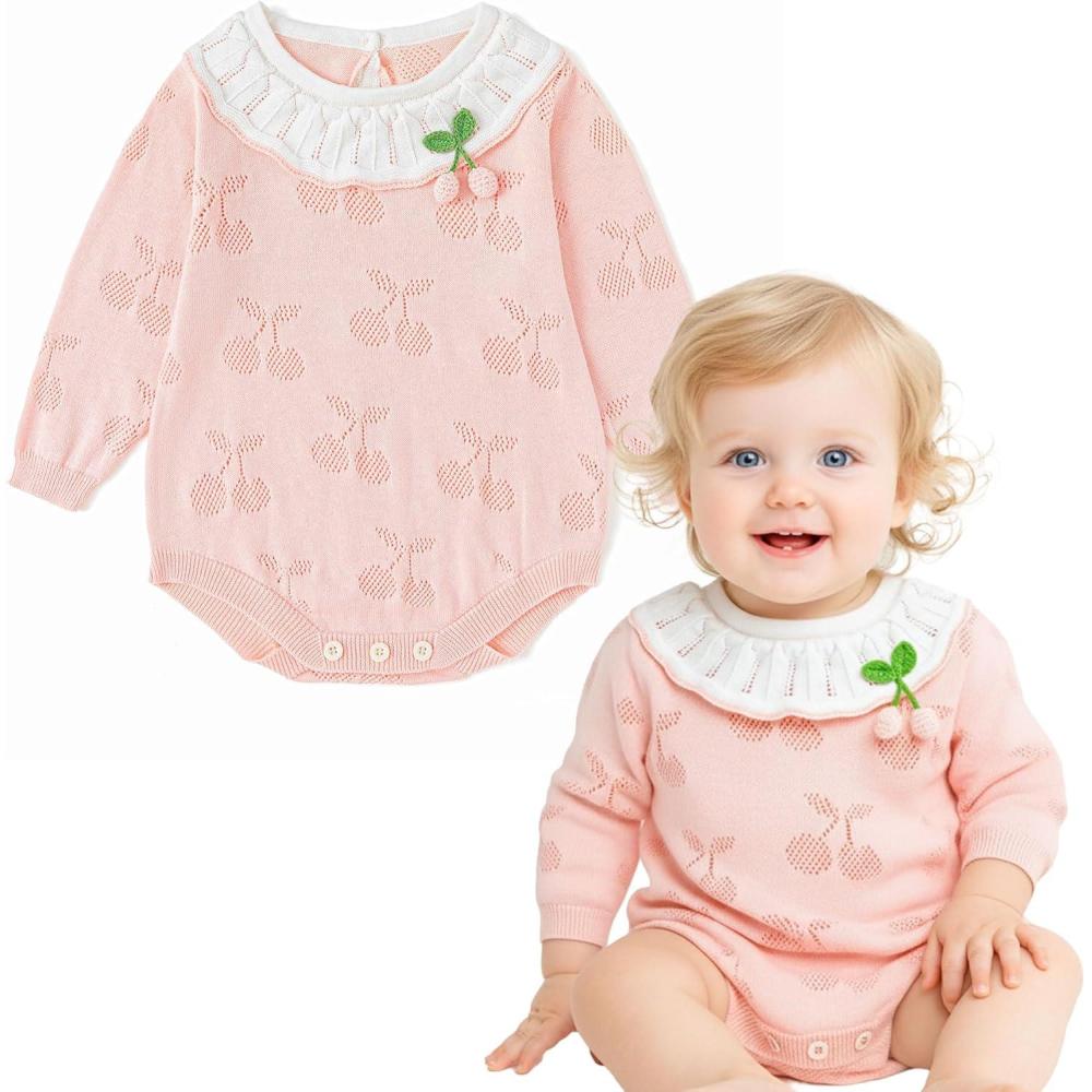 imageSimplee kids Baby Girl Outfits Baby Girls Knit Romper Long Sleeve Romper Cherry Print Romper Outfit for Fall SpringPink