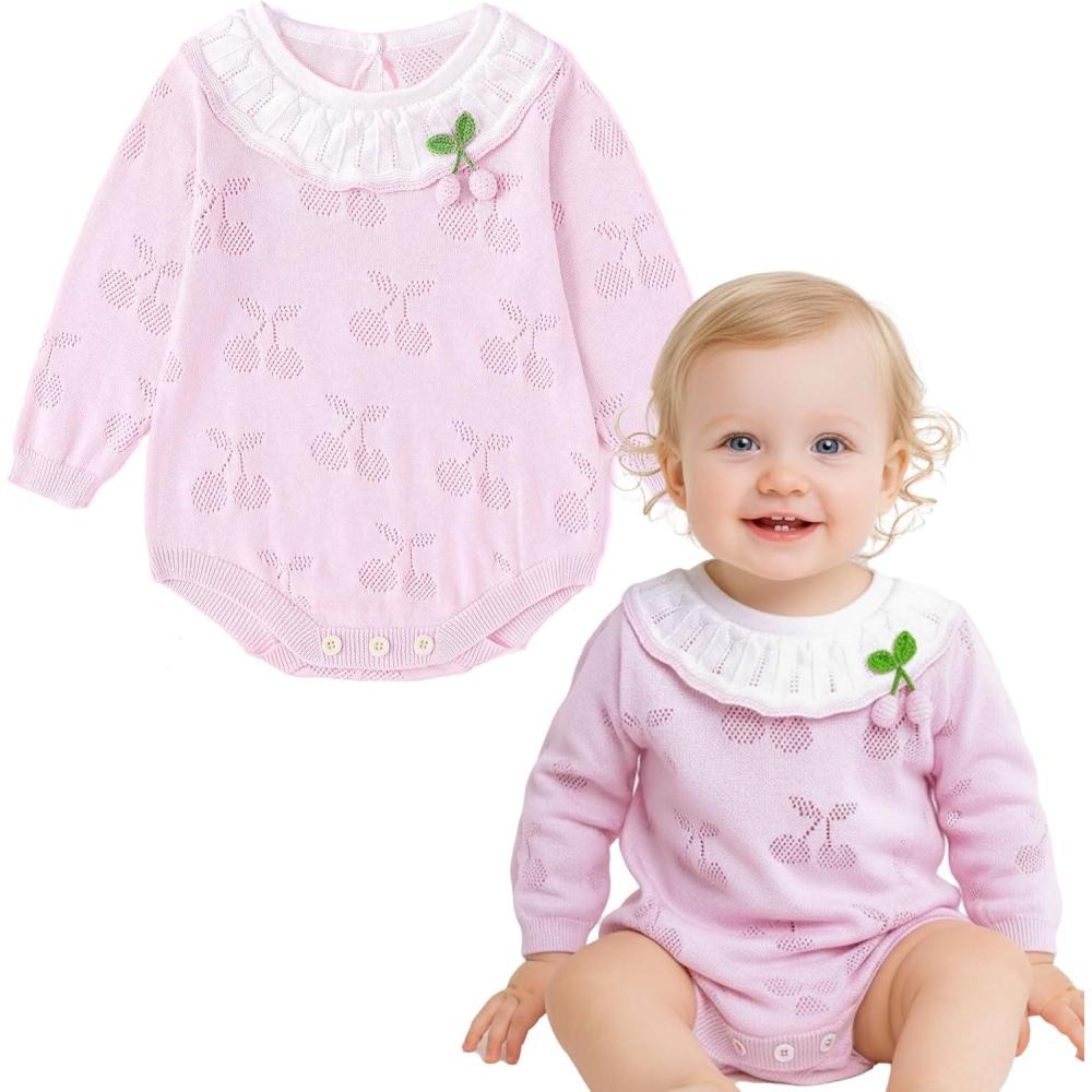 imageSimplee kids Baby Girl Outfits Baby Girls Knit Romper Long Sleeve Romper Cherry Print Romper Outfit for Fall SpringPurple