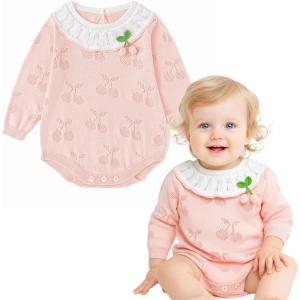 imageSimplee kids Baby Girl Outfits Baby Girls Knit Romper Long Sleeve Romper Cherry Print Romper Outfit for Fall SpringPink