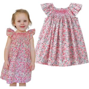imageSimplee kids Baby Girl Smocked Dress Summer Casual Short Sleeve Dresses Floral Print Sundress Princess Dress for ToddlersApink Flower