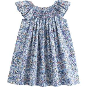 imageSimplee kids Baby Girl Smocked Dress Summer Casual Short Sleeve Dresses Floral Print Sundress Princess Dress for ToddlersCblue Flower