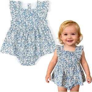 image:imageSimplee kids Baby Girls Romper Sleeveless Summer Outfits Rompers baby rompers girl Floral Pattern Button One Piece OutfitDiamond Blue Floral