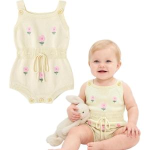 image:imageSimplee kids Baby Girl Knit Romper Fall Sleeveless Pompoms Rompers Newborn Little Girl Overall Jumpsuit OutfitsAbeige Floral