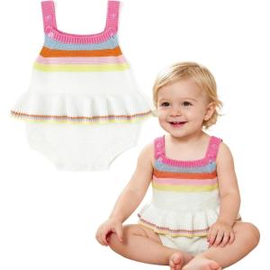 image:imageSimplee kids Baby Girl Knit Romper Fall Sleeveless Pompoms Rompers Newborn Little Girl Overall Jumpsuit OutfitsAcolorful