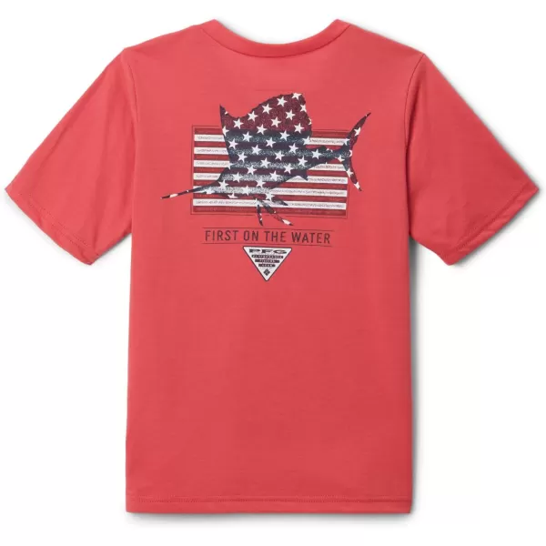 imageColumbia Boys PFG Short Sleeve Graphic TeeSunset RedFins  Stripes Graphic