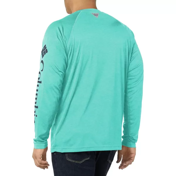 imageColumbia Mens Terminal Tackle Long Sleeve Shirt Wicking MaterialBright Aqua HeatherColl Navy Logo