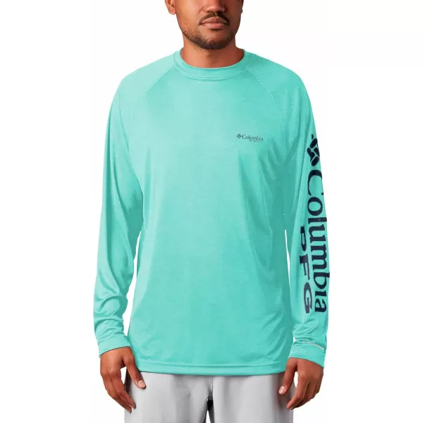 imageColumbia Mens Terminal Tackle Long Sleeve Shirt Wicking MaterialBright Aqua HeatherColl Navy Logo