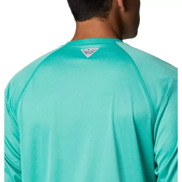 imageColumbia Mens Terminal Tackle Long Sleeve Shirt Wicking MaterialElectric Turquoise HeatherCool Grey Logo