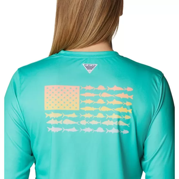 imageWomens Tidal Tee PFG Fish Flag LsElectric TurquoiseSun Glow Gradient