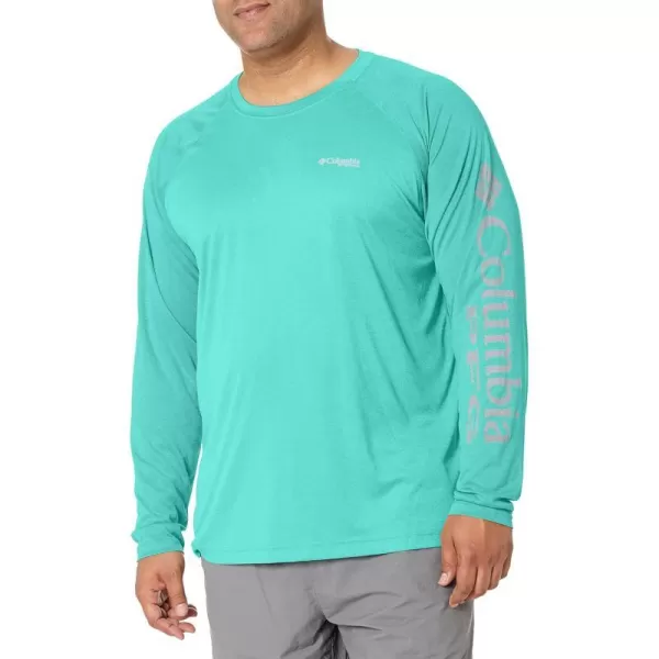 imageColumbia Mens Terminal Tackle Long Sleeve Shirt Wicking MaterialElectric Turquoise HeatherCool Grey Logo