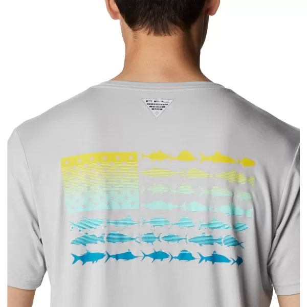 imageColumbia Mens PFG Fish Flag Tech Tee SsCool GreyLaser Lemon Gradient