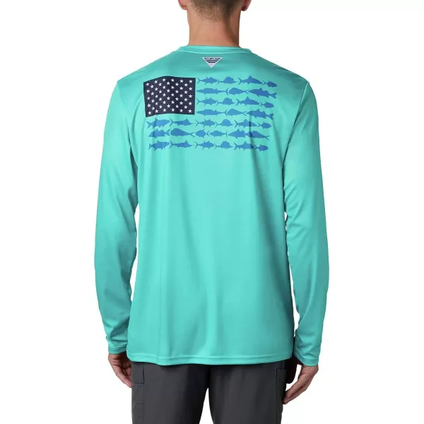 imageColumbia Mens PFG Terminal Tackle Fish Flag Long Sleeve Fishing ShirtBright AquaDark Pool