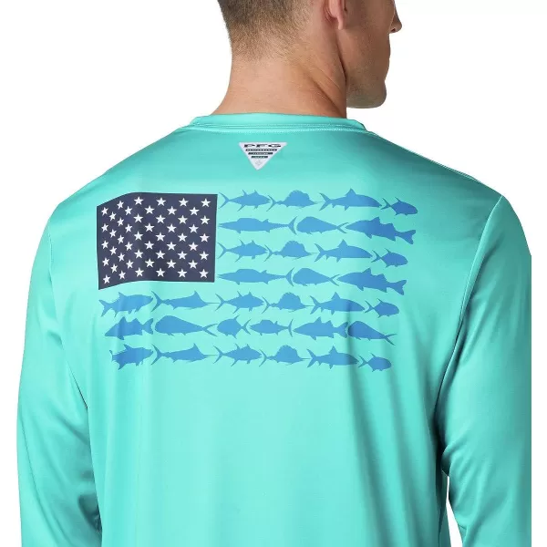 imageColumbia Mens PFG Terminal Tackle Fish Flag Long Sleeve Fishing ShirtBright AquaDark Pool