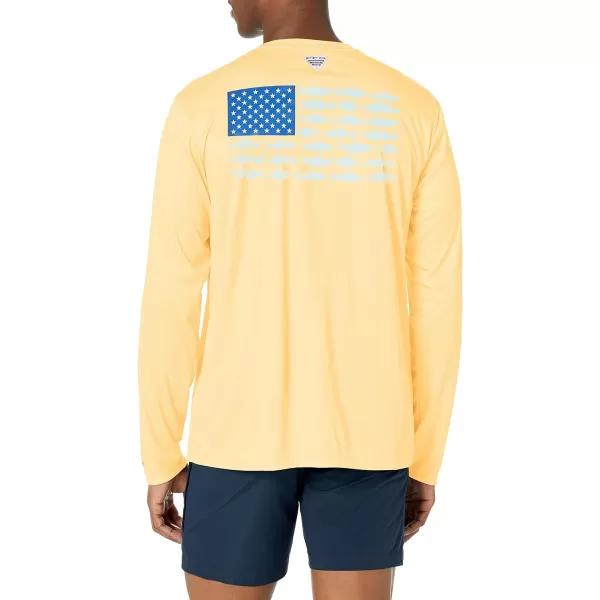 imageColumbia Mens PFG Terminal Tackle Fish Flag Long Sleeve Fishing ShirtCocoa ButterVivid Blue Inshore Slam