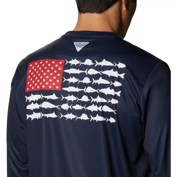 imageColumbia Mens PFG Terminal Tackle Fish Flag Long Sleeve Fishing ShirtCollegiate NavyRed Spark