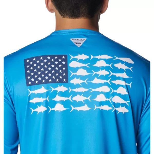 imageColumbia Mens PFG Terminal Tackle Fish Flag Long Sleeve Fishing ShirtCompass BlueWhite Offshore Fish