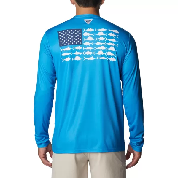 imageColumbia Mens PFG Terminal Tackle Fish Flag Long Sleeve Fishing ShirtCompass BlueWhite Offshore Fish