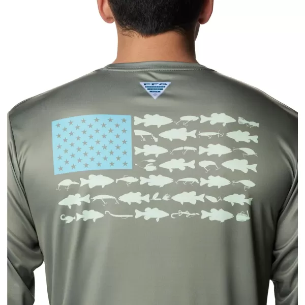 imageColumbia Mens PFG Terminal Tackle Fish Flag Long Sleeve Fishing ShirtCypress Opal Blue Bass Lures
