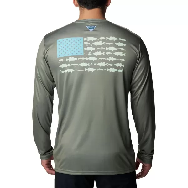 imageColumbia Mens PFG Terminal Tackle Fish Flag Long Sleeve Fishing ShirtCypress Opal Blue Bass Lures