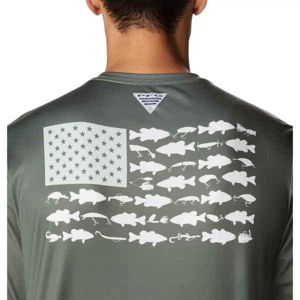 imageColumbia Mens PFG Terminal Tackle Fish Flag Long Sleeve Fishing ShirtCypressCool Green Bass Lures