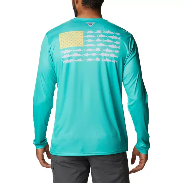 imageColumbia Mens PFG Terminal Tackle Fish Flag Long Sleeve Fishing ShirtElectric TurquoiseSun Glow
