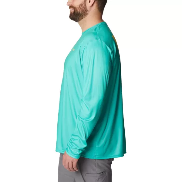 imageColumbia Mens PFG Terminal Tackle Fish Flag Long Sleeve Fishing ShirtElectric TurquoiseSun Glow