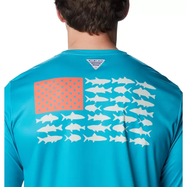 imageColumbia Mens PFG Terminal Tackle Fish Flag Long Sleeve Fishing ShirtOcean TealCorange Inshore Slam