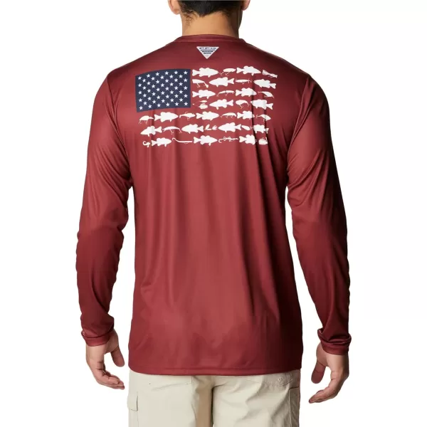 imageColumbia Mens PFG Terminal Tackle Fish Flag Long Sleeve Fishing ShirtRed JasperWhite Bass Lures