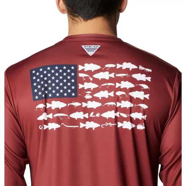 imageColumbia Mens PFG Terminal Tackle Fish Flag Long Sleeve Fishing ShirtRed JasperWhite Bass Lures