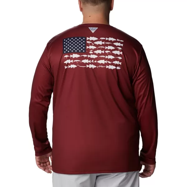 imageColumbia Mens PFG Terminal Tackle Fish Flag Long Sleeve Fishing ShirtRed JasperWhite Bass Lures