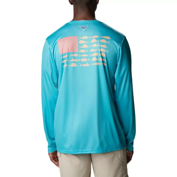 imageColumbia Mens PFG Terminal Tackle Fish Flag Long Sleeve Fishing ShirtTurquoise Coral Glow Offshore Fish