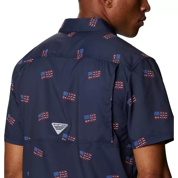 imageColumbia Mens Super Slack Tide Camp ShirtCollegiate Navy Fish Flag Print