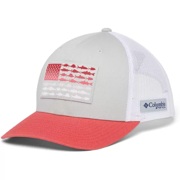 imageColumbia unisexadult Pfg Fish Flag Mesh Snap BackCool GreyWhiteRed Hibiscus