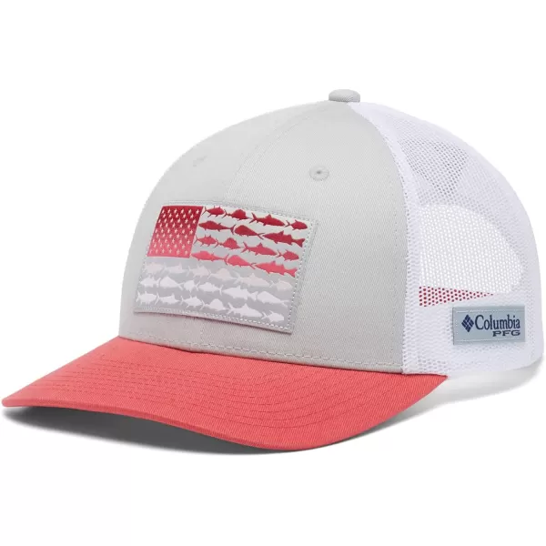 imageColumbia unisexadult Pfg Fish Flag Mesh Snap BackCool GreyWhiteRed Hibiscus