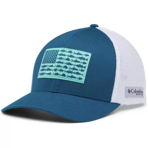 imageColumbia PFG Mesh Canada Fish Flag StretchFit HatAegean BlueWhiteUs Fish Flag