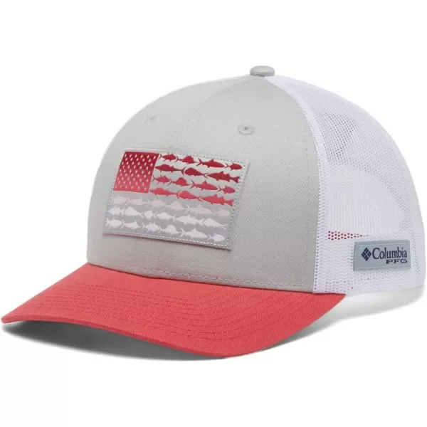 imageColumbia unisexadult Pfg Fish Flag Mesh Snap BackCool GreyWhiteRed Hibiscus