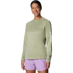 imageColumbia Womens Standard Super Tidal Tee Vent Long SleeveSmokey Sage HeatherWhite Logo