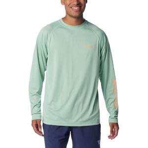 imageColumbia Mens Terminal Tackle PFG Triangle Long Sleeve ShirtNew Mint HeatherBright Nectar Logo