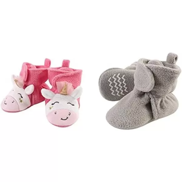 Hudson Baby Girl Cozy Fleece Booties 2-Pack, Pink Star Unicorn Neutral Gray, 0-6 Months