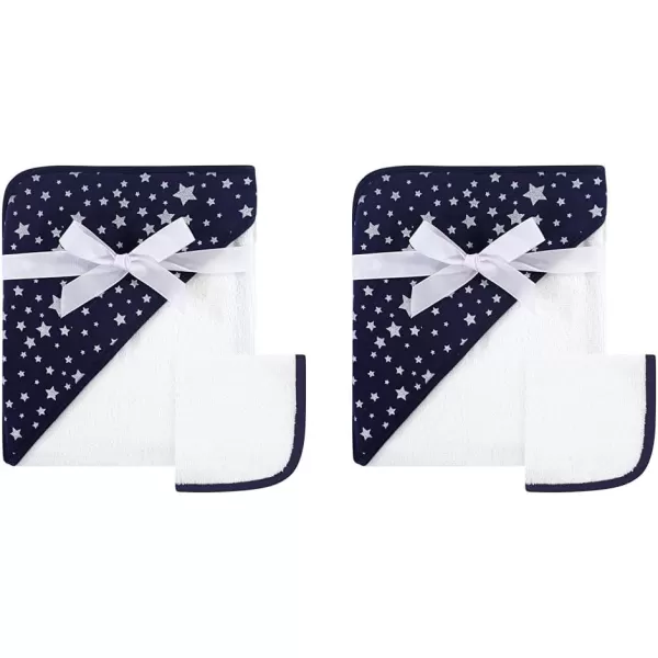 Hudson Baby Unisex Baby Cotton Hooded Towel and Washcloth, Navy Silver Star, One Size 