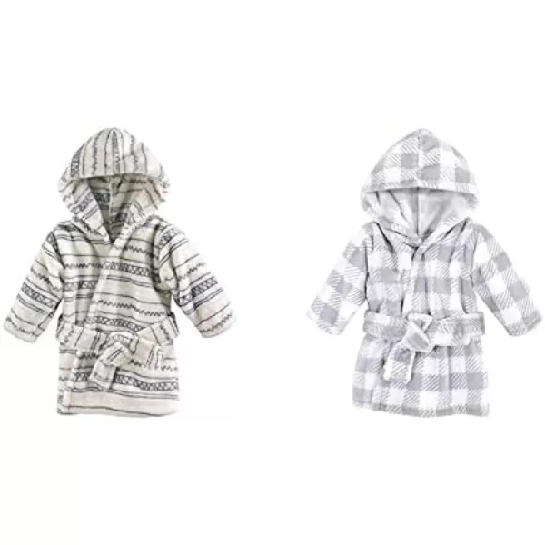 Hudson Baby Boy Plush Animal Face Bathrobe 2-Pack, Blue Plaid Aztec
