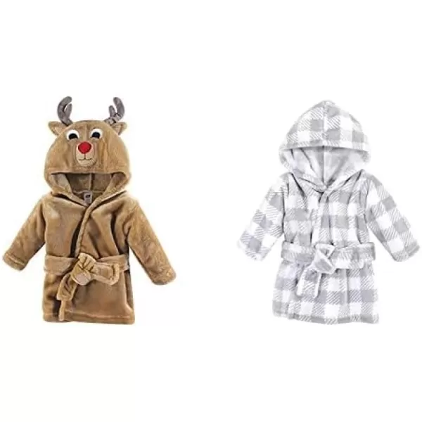 Hudson Baby Boy Plush Animal Face Bathrobe 2-Pack, Blue Plaid Aztec