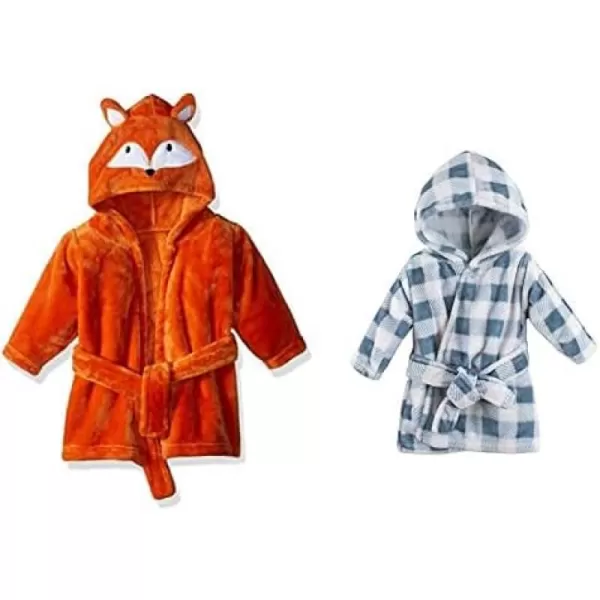 Hudson Baby Boy Plush Animal Face Bathrobe 2-Pack, Blue Plaid Aztec