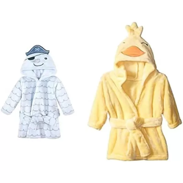 Hudson Baby Boy Plush Animal Face Bathrobe 2-Pack, Blue Plaid Aztec