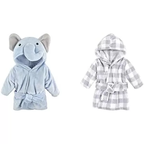 Hudson Baby Boy Plush Animal Face Bathrobe 2-Pack, Blue Plaid Aztec