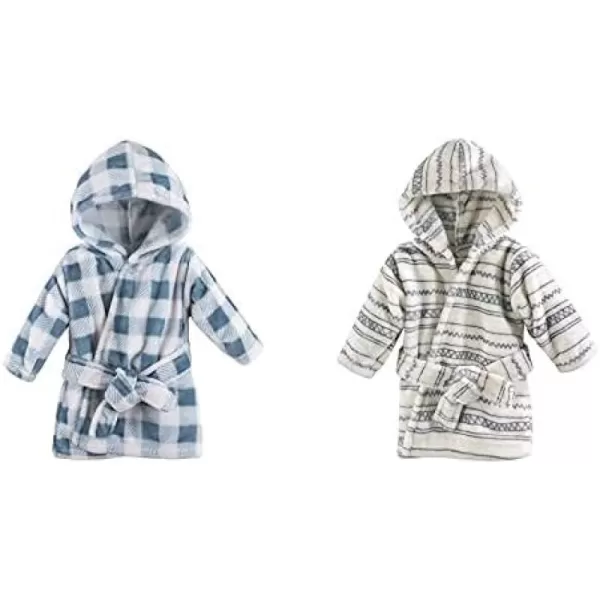 Hudson Baby Boy Plush Animal Face Bathrobe 2-Pack, Blue Plaid Aztec