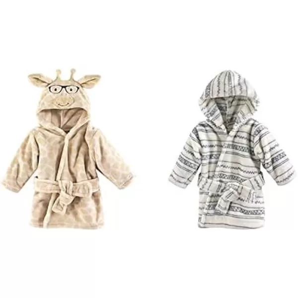 Hudson Baby Boy Plush Animal Face Bathrobe 2-Pack, Blue Plaid Aztec